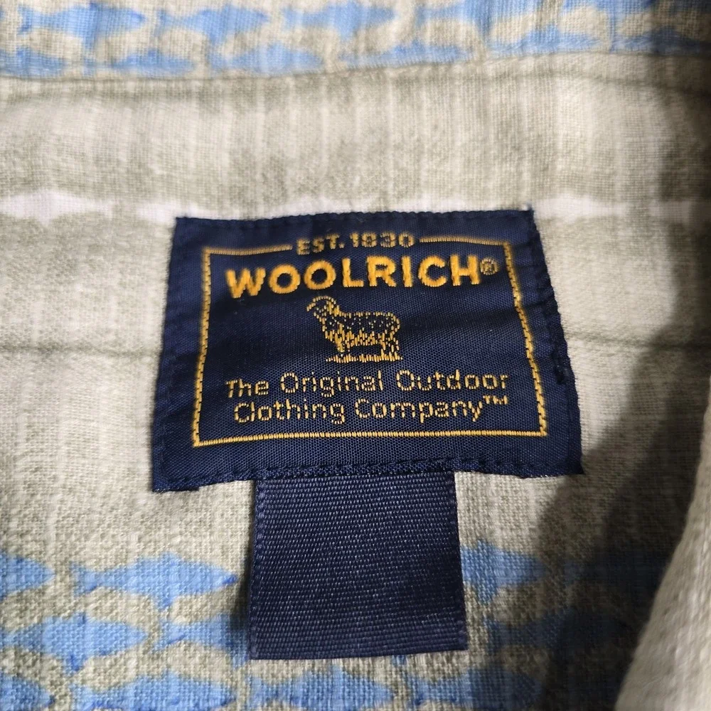 Woolrich Shirt Mens XL Beige Blue Fish Hooks Hawaiian Button Up Fish Stripes